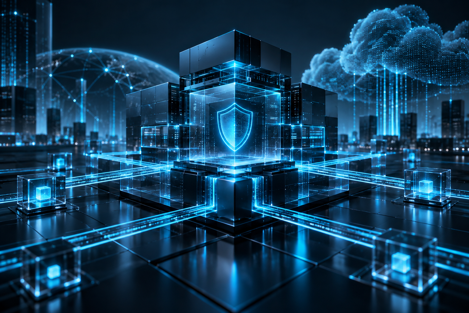 An abstract, modern architectural geometric structure illuminated by secure blue and graphite glowing lines, representing structured digital security and enterprise resilience.