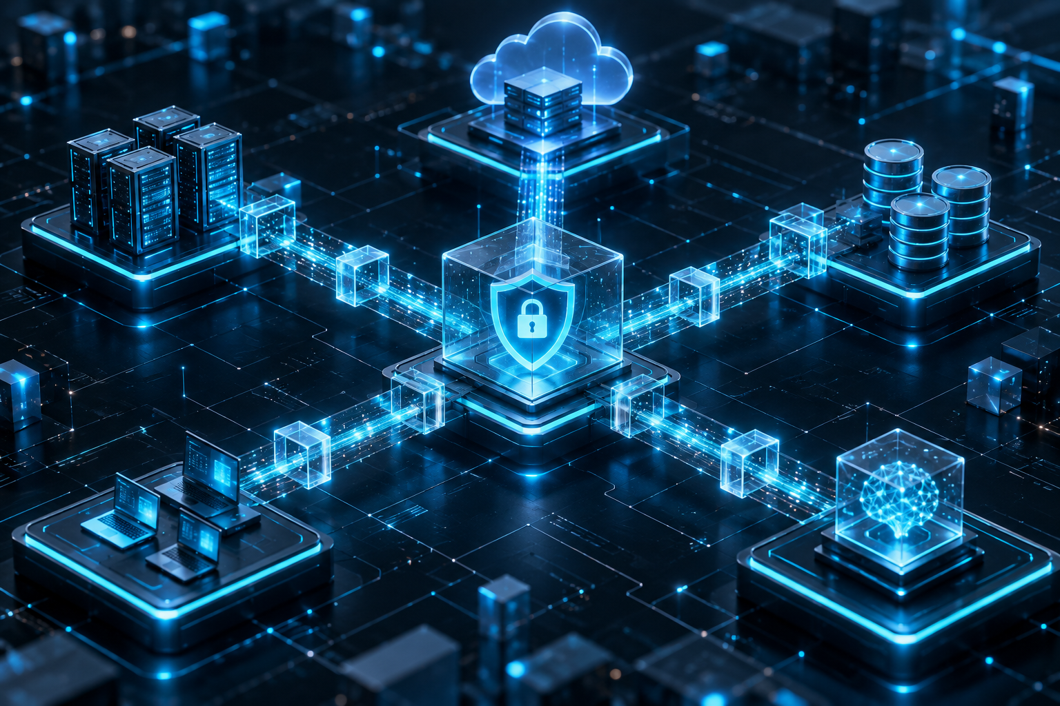 An abstract, glowing isometric architectural schematic illustrating segmented digital nodes interconnected through a central, secure verification conduit on a dark technical background.
