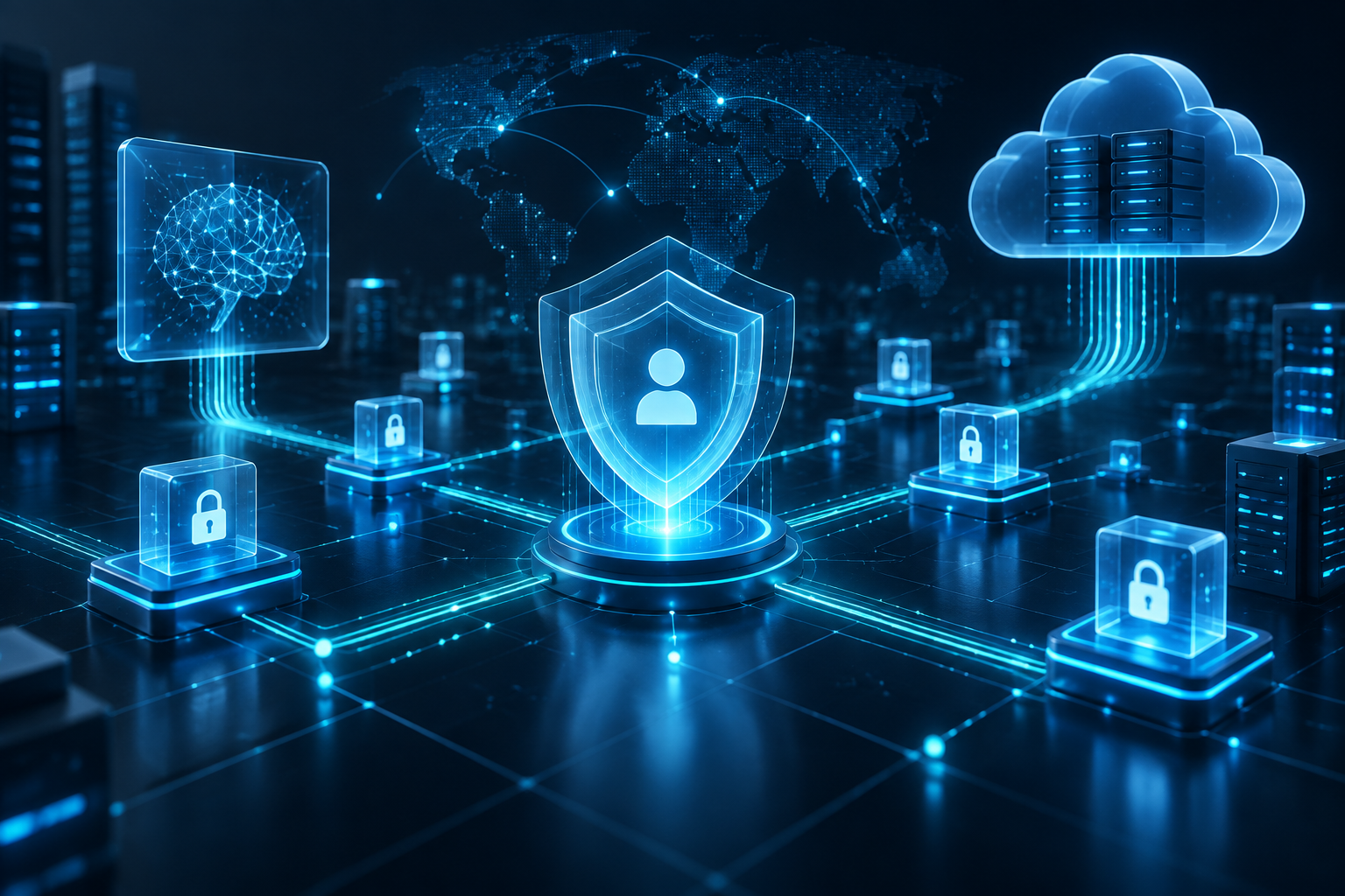 An abstract, geometric visualization of interconnected glowing security nodes and layered digital shields representing decentralized identity verification and encrypted data pathways.
