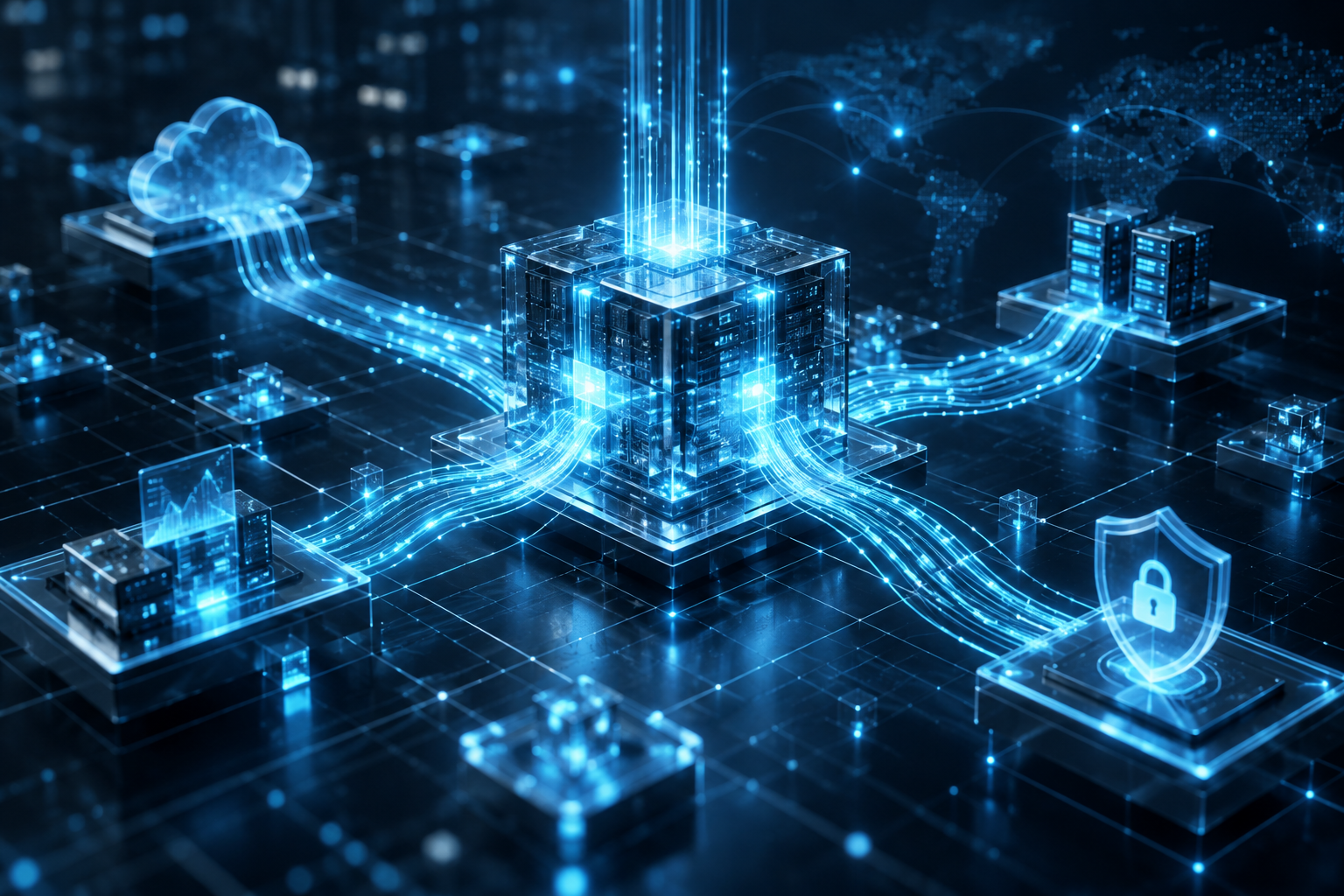 An abstract, modern technological visualization showing glowing data streams seamlessly integrating into a structured digital core, symbolizing unified workflows and frictionless enterprise connectivity.