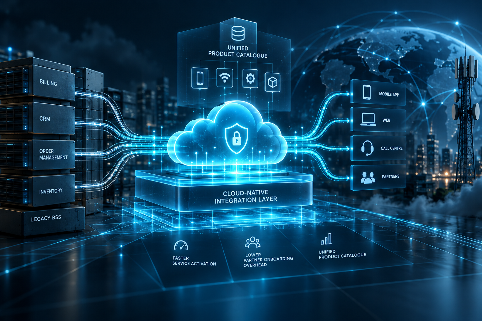 Digital transformation for a telecommunications organisation: CYVERRA engineered and deployed a cloud-native digital integration layer to decouple legacy Business Support Systems (BSS) from customer-facing channels. The transformation unified fragmented product catalogues, accelerated service activation, and reduced partner onboarding overhead.