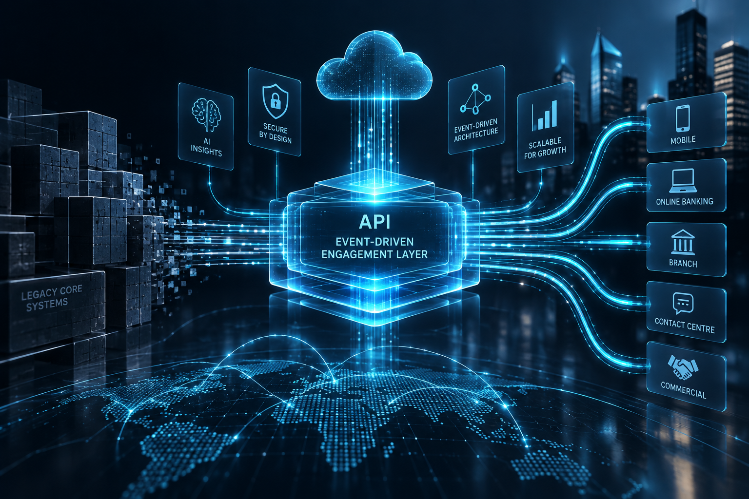 Digital transformation for a financial services organisation: CYVERRA engineered an event-driven digital engagement layer and unified API middleware to modernise retail and commercial banking journeys. The programme decoupled legacy core systems to deliver straight-through onboarding and omni-channel account servicing.