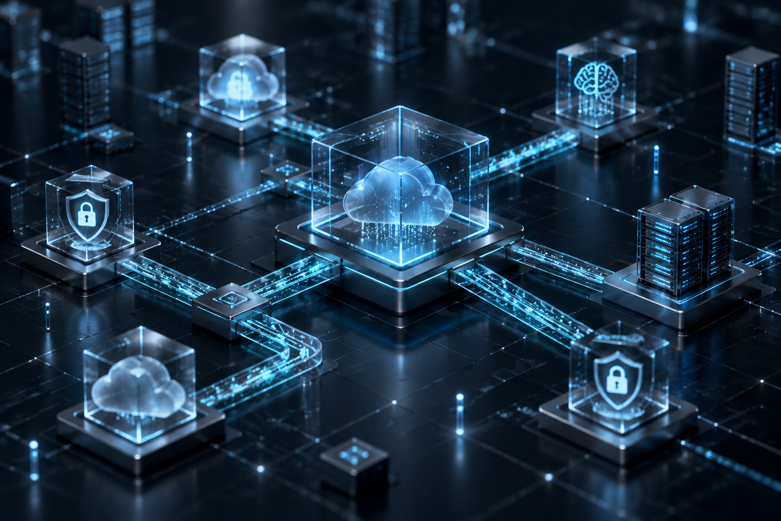 A sleek, minimalist visualization of interconnected geometric data pipelines glowing in blue and silver against a dark enterprise architectural grid.