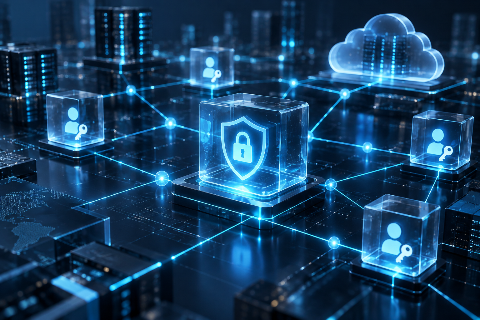 An abstract, modern visualization of interconnected glowing geometric nodes and digital identity keys against a deep blue and slate architectural background, representing structured access control.