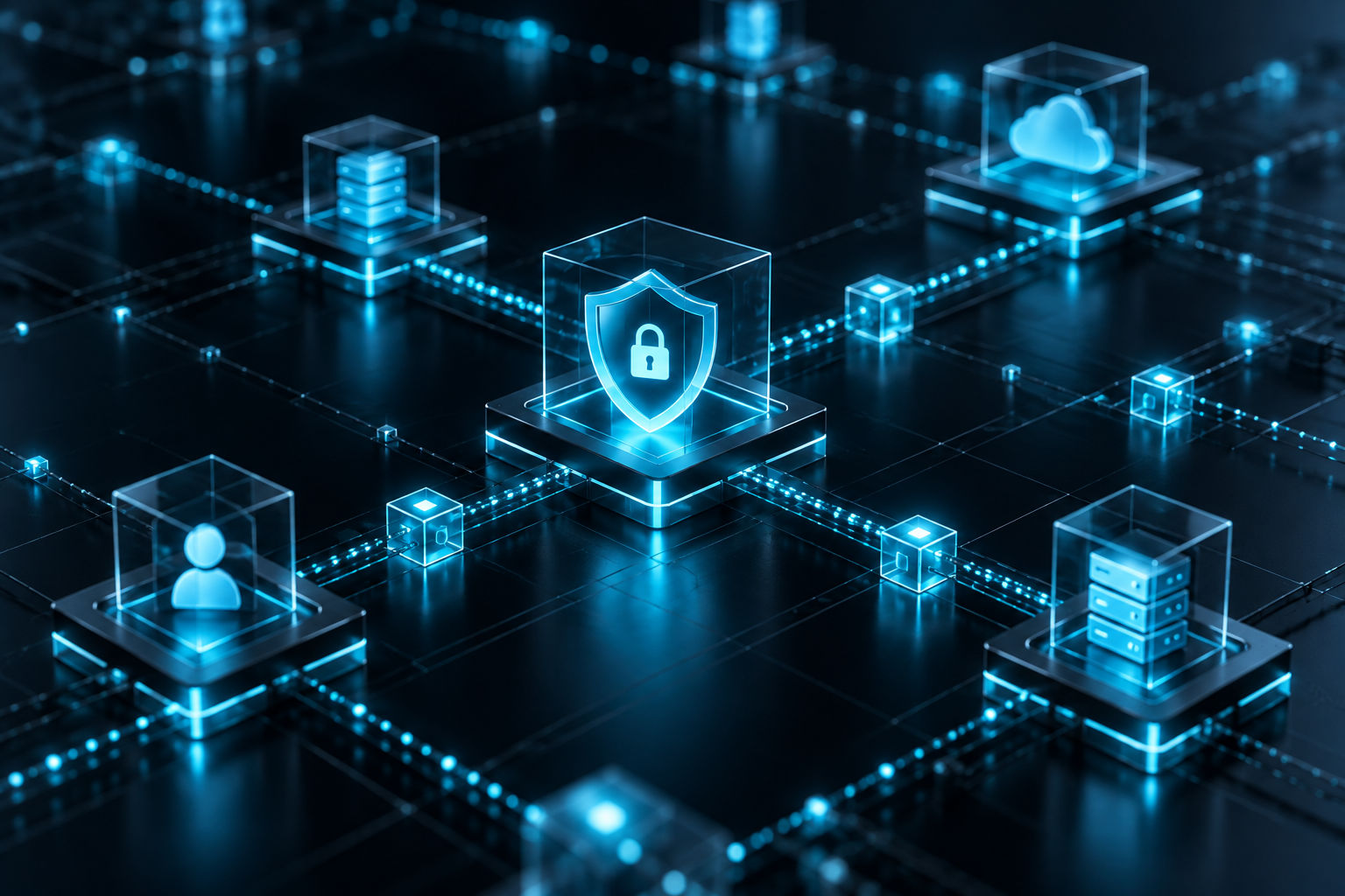 A minimalist, dark-themed 3D render showing interconnected digital security nodes and segmented glowing data paths, representing micro-segmentation and identity verification.