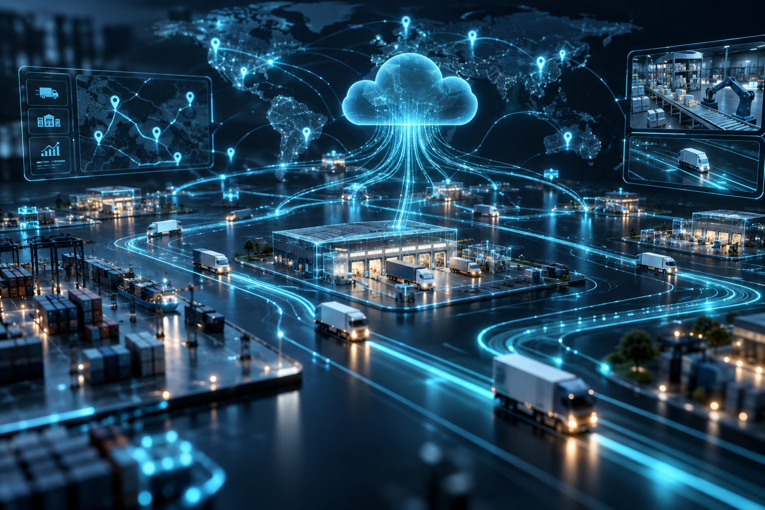 Digital transformation for a logistics organisation: CYVERRA designed and implemented an event-driven digital logistics platform integrating fleet telemetry, warehouse operations, and dynamic route orchestration. The solution replaced siloed legacy systems, delivering real-time operational visibility and automated shipment handling across 42 hub locations.