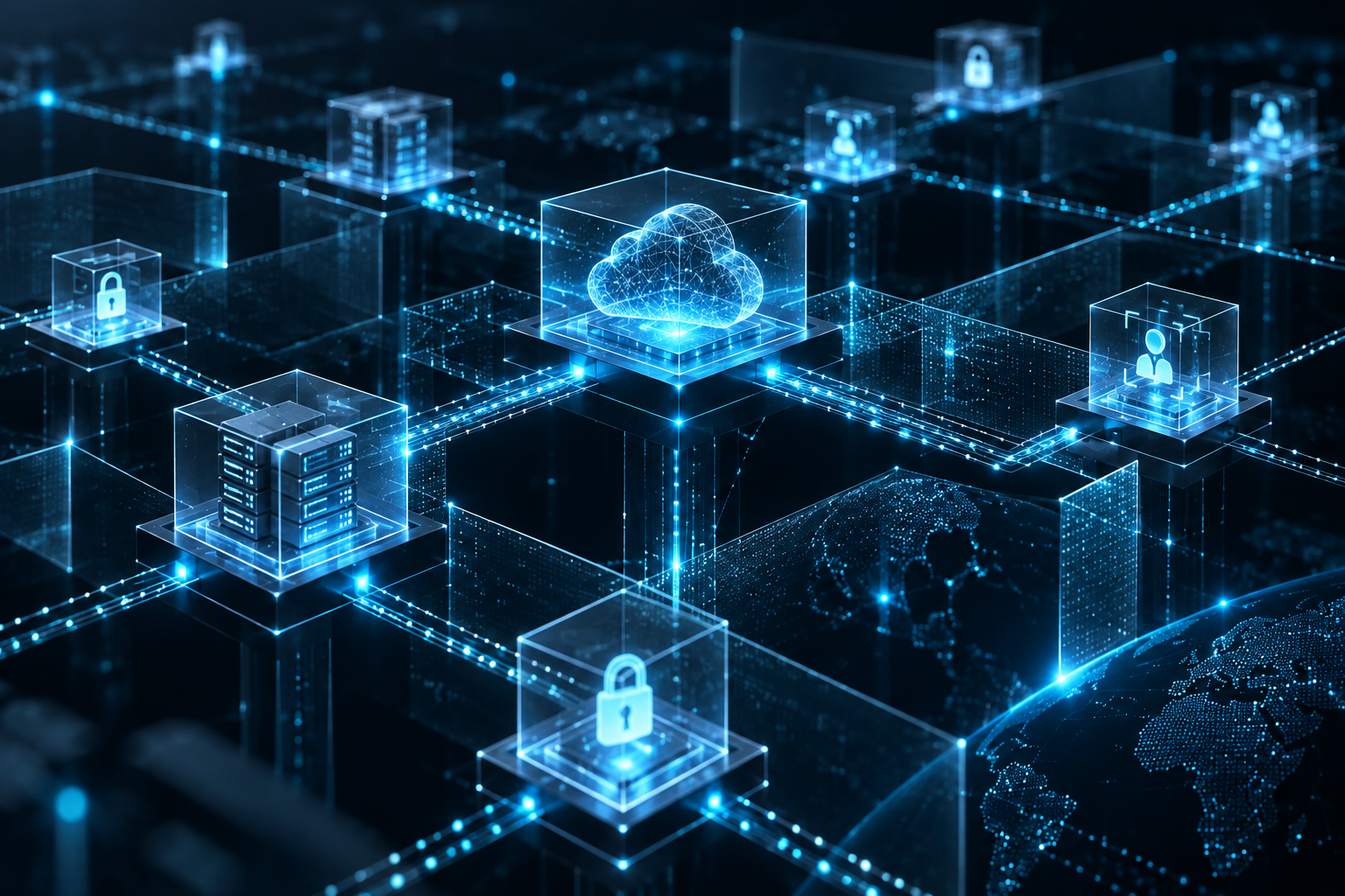 An abstract, modern architectural visualization showing interconnected glowing geometric nodes and encrypted pathways representing microsegmented network layers and identity verification points.