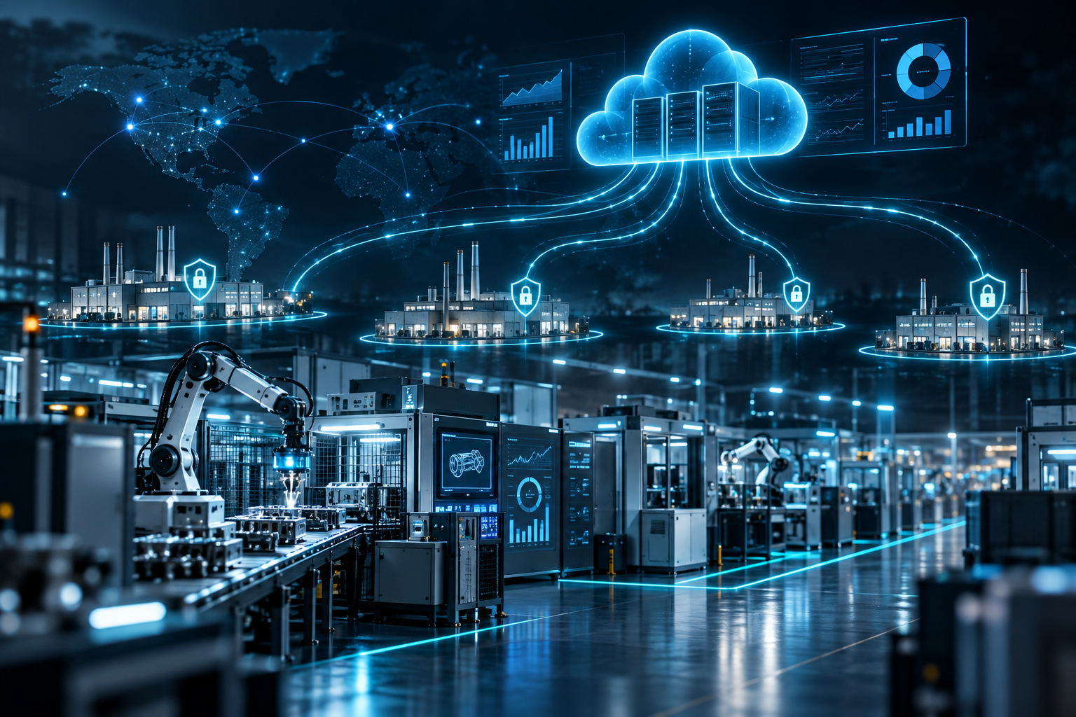 Digital transformation for a manufacturing organisation: CYVERRA designed and implemented an end-to-end digital factory transformation, connecting legacy shop-floor machinery with cloud-based production intelligence. The program harmonised production telemetry, eliminated manual quality logging, and delivered real-time operational visibility across four manufacturing sites.