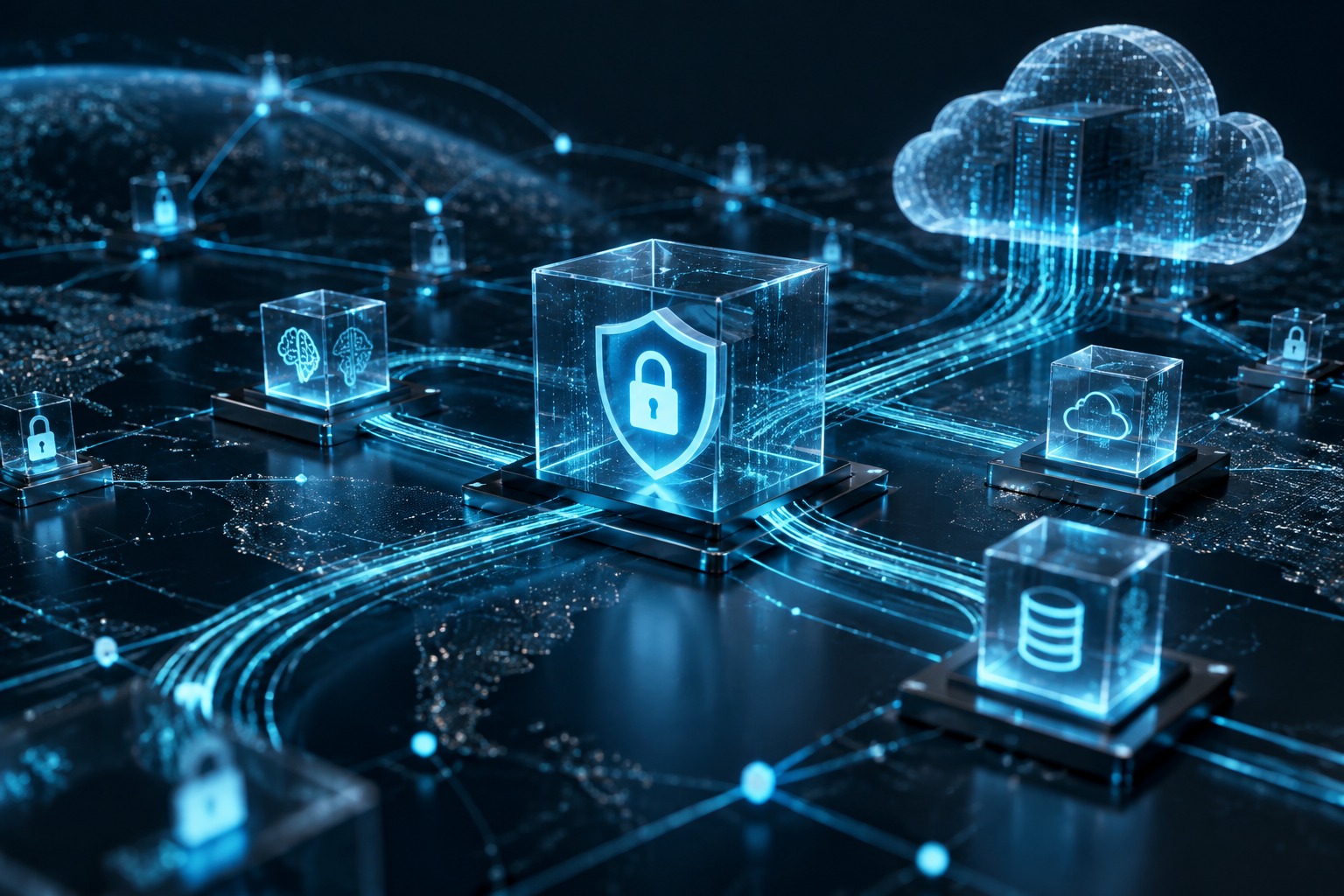 An abstract, modern architectural visualization of secure digital network nodes, cryptographic keys, and glowing interconnected data pathways against a dark enterprise background.