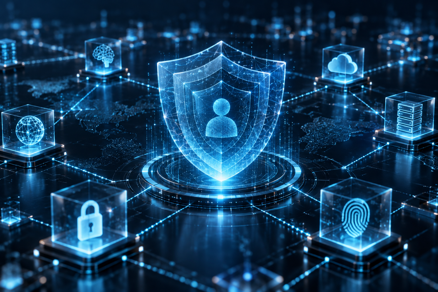 An abstract, modern visualization of interconnected glowing geometric nodes and digital identity layers forming a resilient, decentralized protective shield against a dark cyber background.