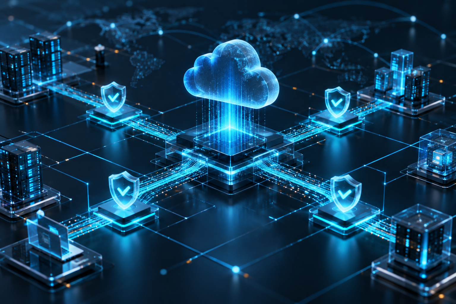An abstract, high-tech architectural diagram visualizing secure interconnected nodes, glowing verification checkpoints, and dynamic data streams on a deep navy background.