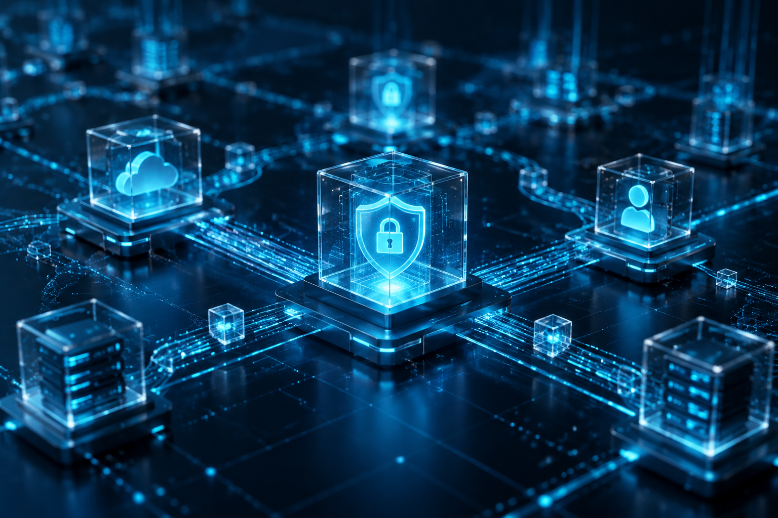 An abstract, professional 3D visualization showing illuminated, interlocking geometric nodes representing protected data zones and dynamic identity access pathways against a deep slate blue background.