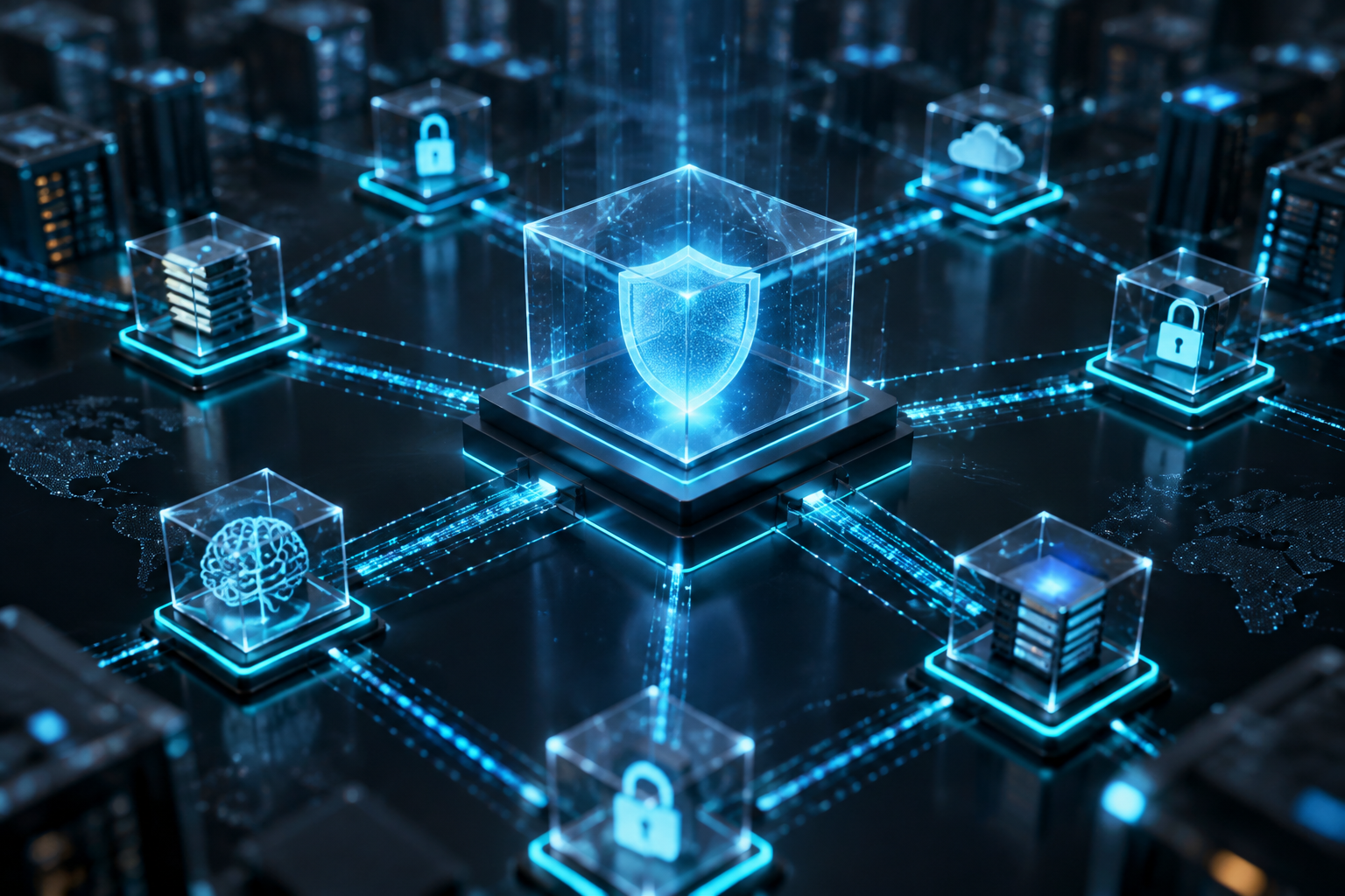 An abstract 3D visualization of interconnected glowing security nodes and geometric micro-perimeters converging on a central protected core against a dark enterprise background.