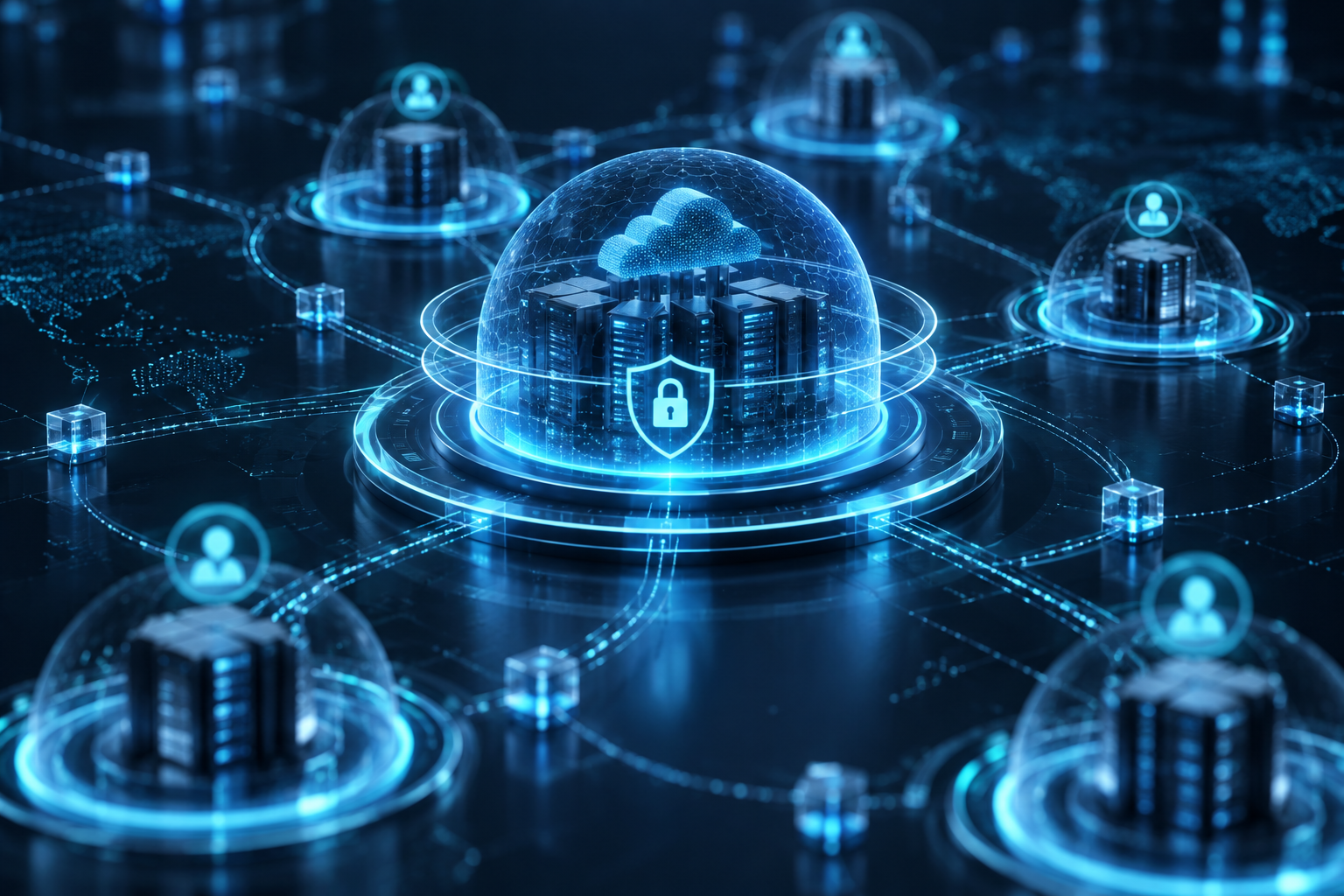 An abstract, clean 3D render showing layered luminous security rings and identity nodes surrounding isolated data clusters on a dark blue background.