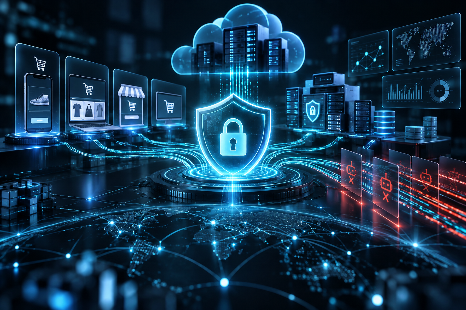 Cybersecurity for a retail & ecommerce organisation: CYVERRA designed and deployed an integrated cloud application security architecture and automated SecOps pipeline for an omnichannel retail group facing high-volume bot traffic and credential stuffing attacks. The engagement fortified digital checkout pathways, reduced malicious automated traffic, and streamlined PCI DSS compliance monitoring across all brand storefronts.